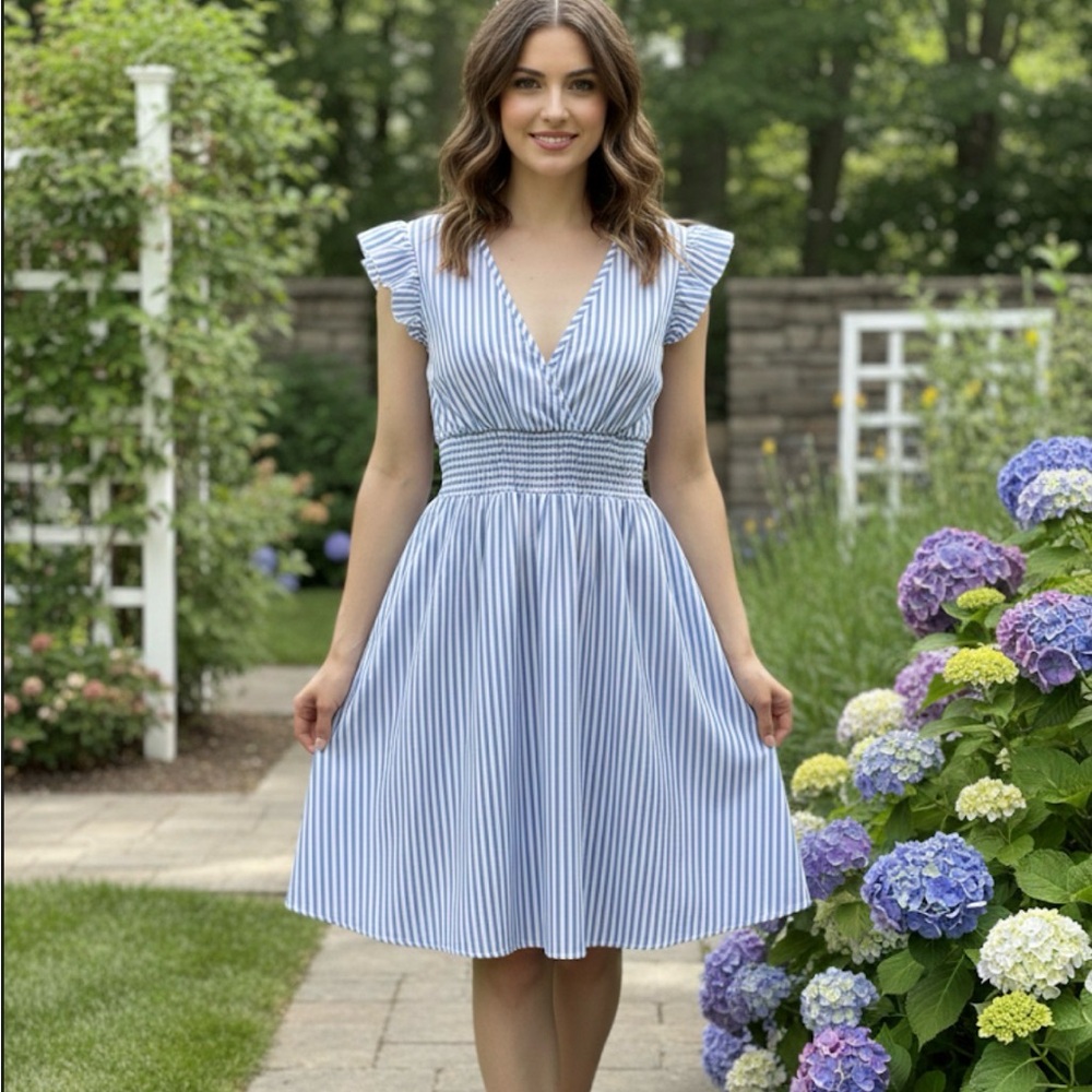 SHEIN Blue Striped Midi Dress with Ruffle Detail